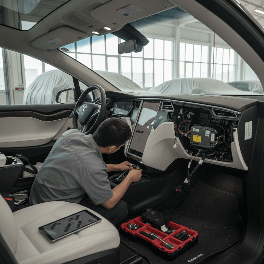 Technician examining the front seat belt anchor and steering hardware on a 2021 Tesla Model X in a service bay