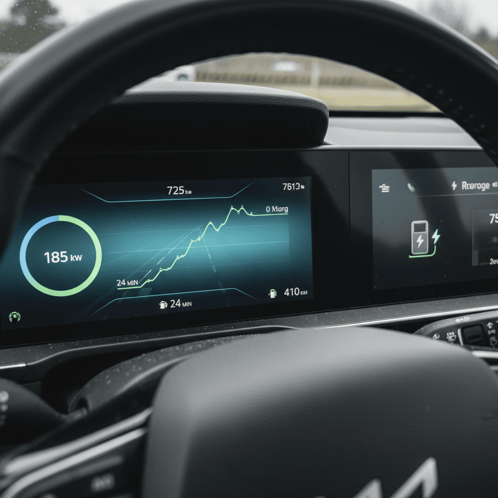 DC fast charger connected to a Polestar 3 showing charging power and estimated time remaining on the charger display