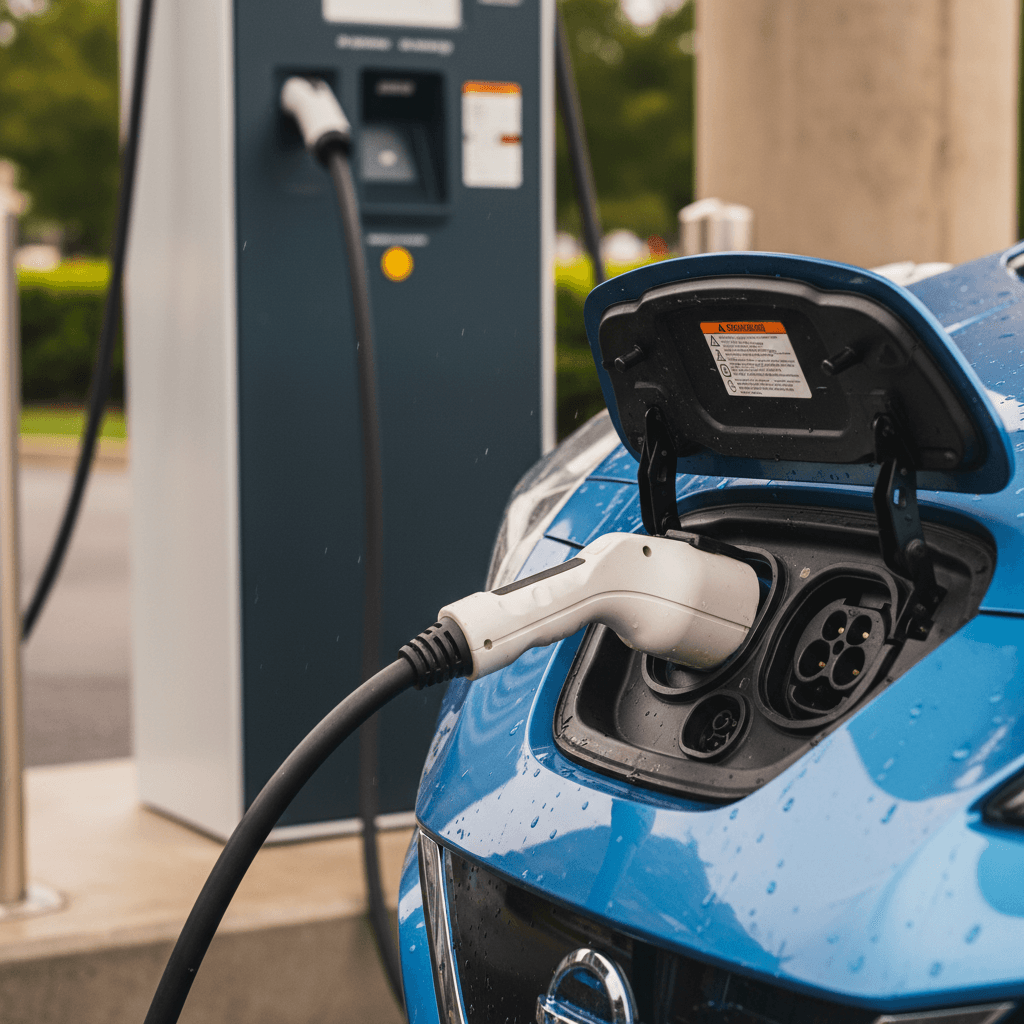 Charging ports of a 2023 Nissan Leaf showing CHAdeMO fast-charge connector and J1772 AC plug at a public station