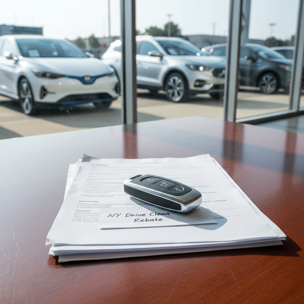 Customer reviewing electric car lease options with a salesperson at a New York dealership, documents and key fob on the desk