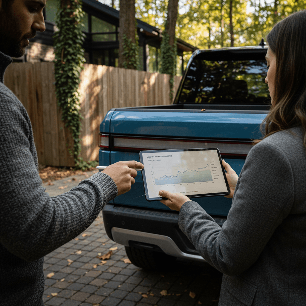 Owner and EV specialist reviewing a Rivian R1T battery health report on a tablet next to the truck