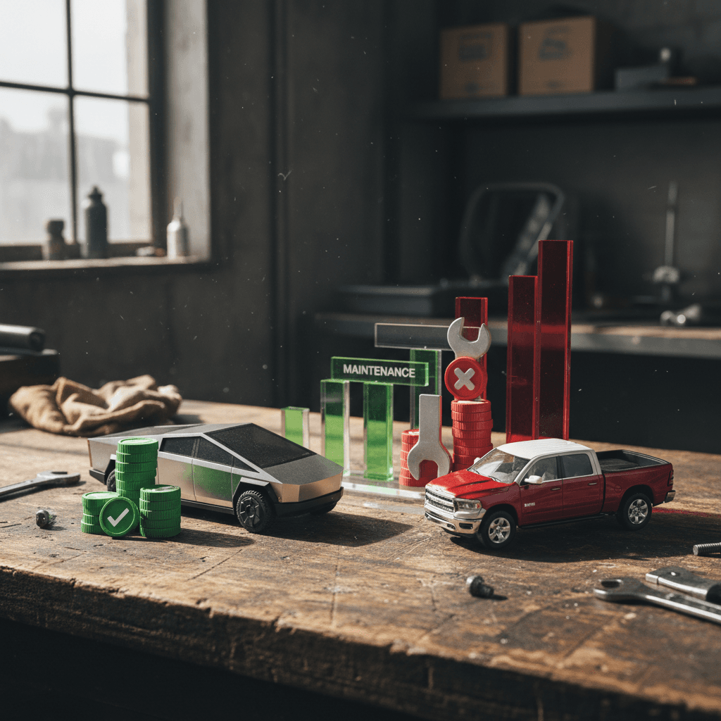 Side-by-side infographic comparing Tesla Cybertruck and Ram 1500 annual fuel and maintenance costs for an average U.S. driver