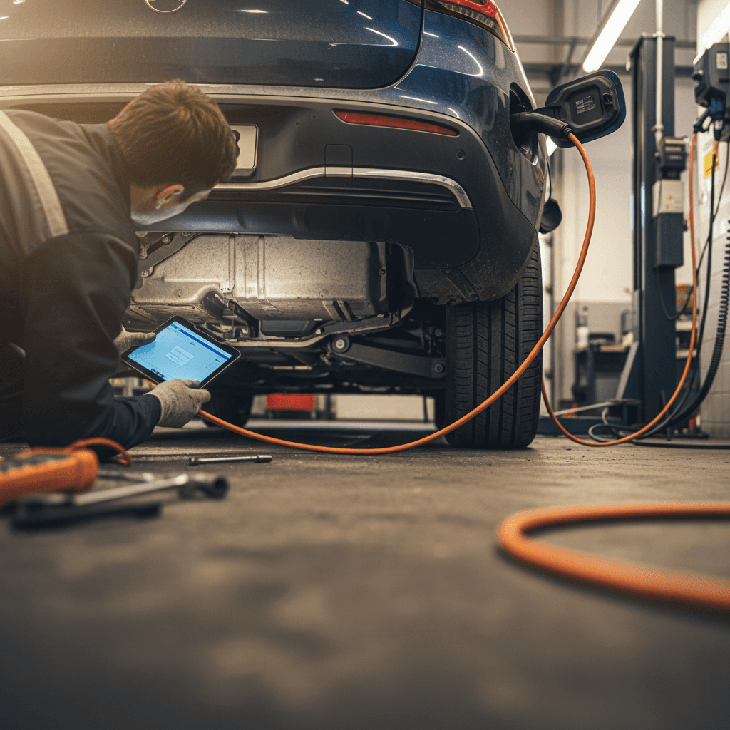 Technician inspecting the battery pack and high-voltage wiring on a Mercedes EQB in a service bay