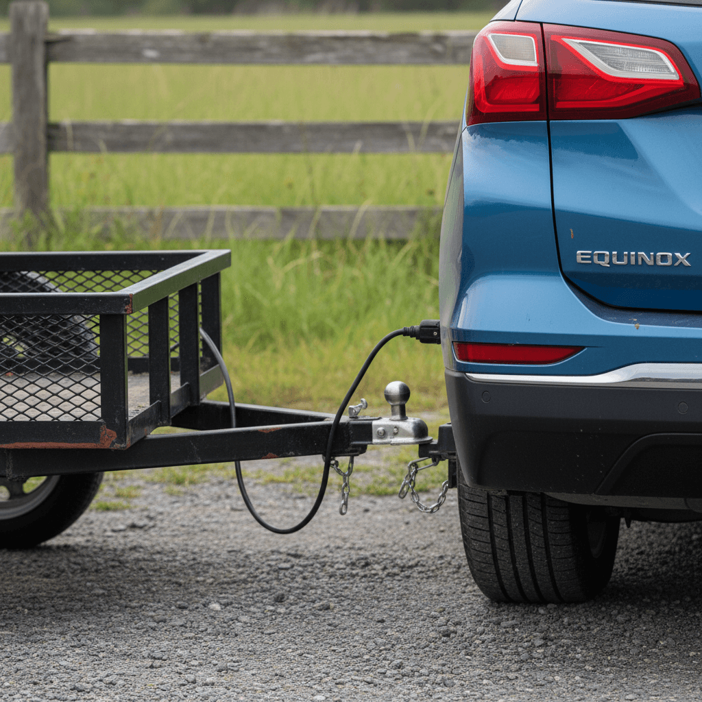 Rear view of a Chevrolet Equinox EV with a factory hitch receiver and a small utility trailer attached in a driveway