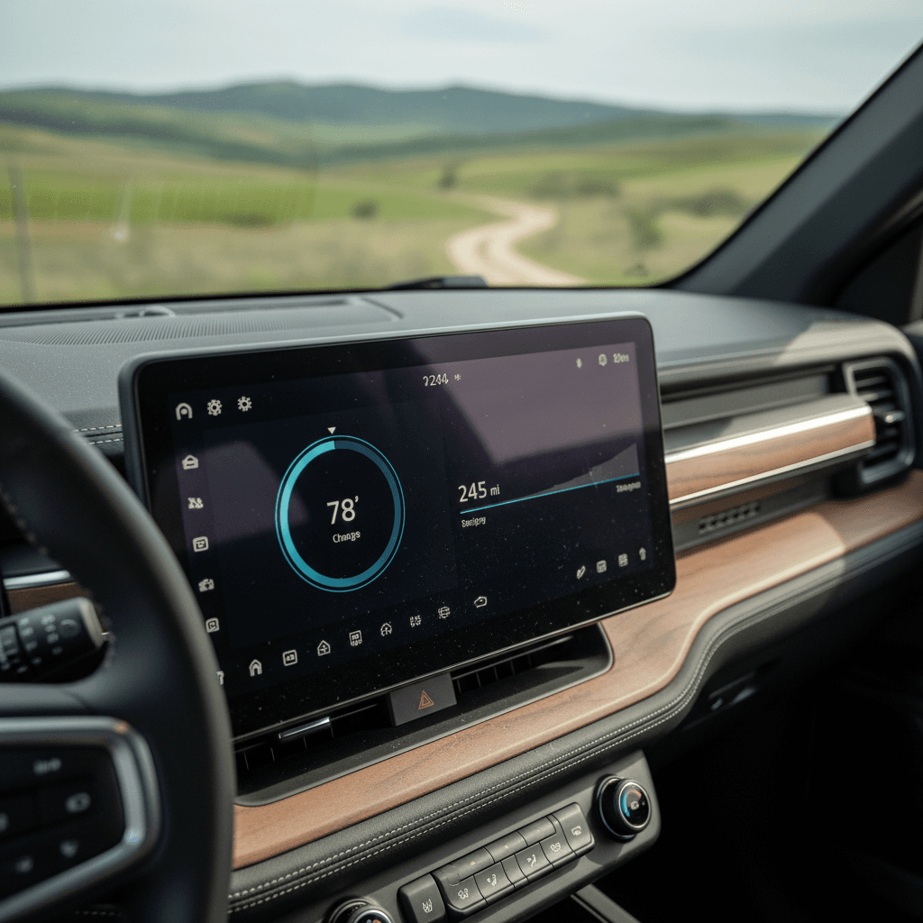 Rivian R1T center touchscreen showing battery percentage and projected range on the energy screen