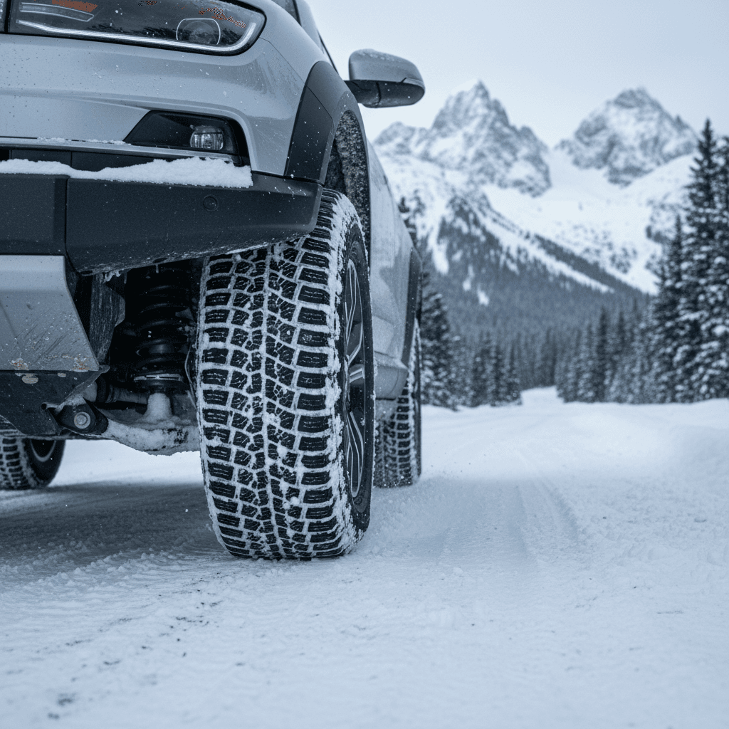 Electric SUV with good ground clearance and winter tires driving on a snowy mountain road