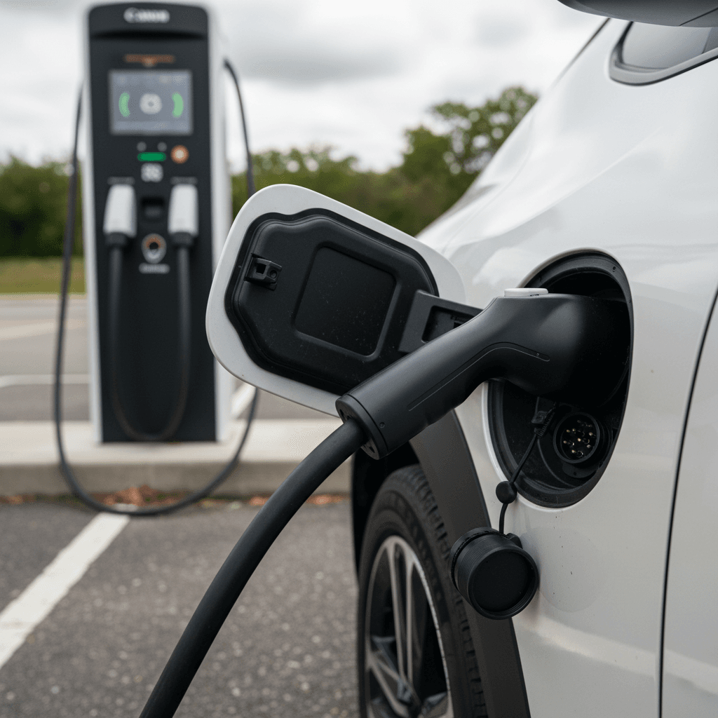 Toyota bZ4X charging port connected to a DC fast charger, with charging power shown on the station screen