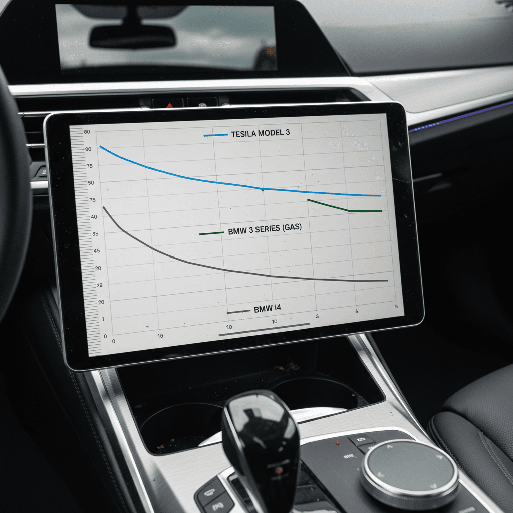 Depreciation curves for BMW i4 compared to Tesla Model 3 and a gasoline BMW 3 Series over the first five years of ownership