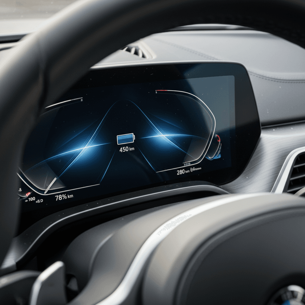 Digital instrument cluster of a BMW i5 showing state of charge and remaining driving range estimate