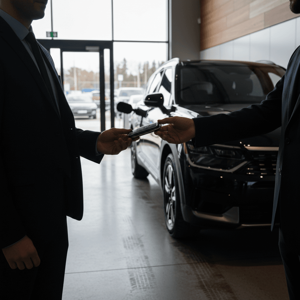 Kia EV9 being handed over to a new owner at a clean, modern delivery bay, emphasizing an easy selling experience
