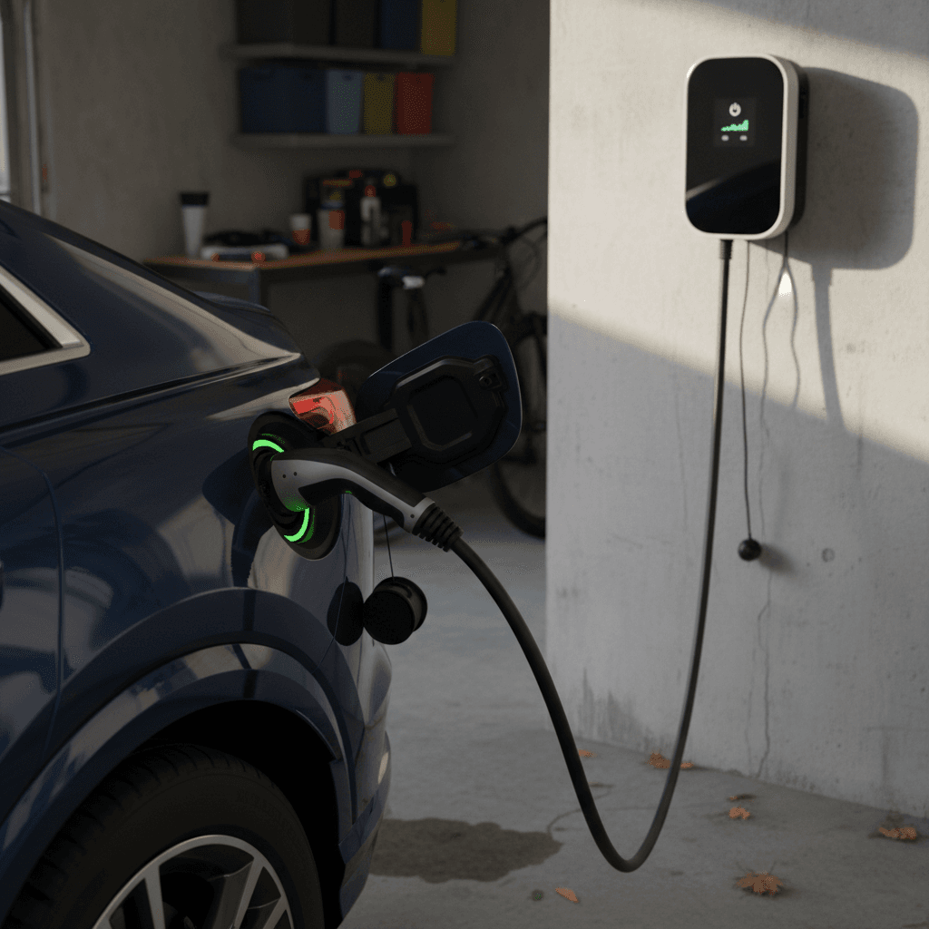 Audi Q4 e-tron charging port connected to a wall-mounted Level 2 home charger in a residential garage