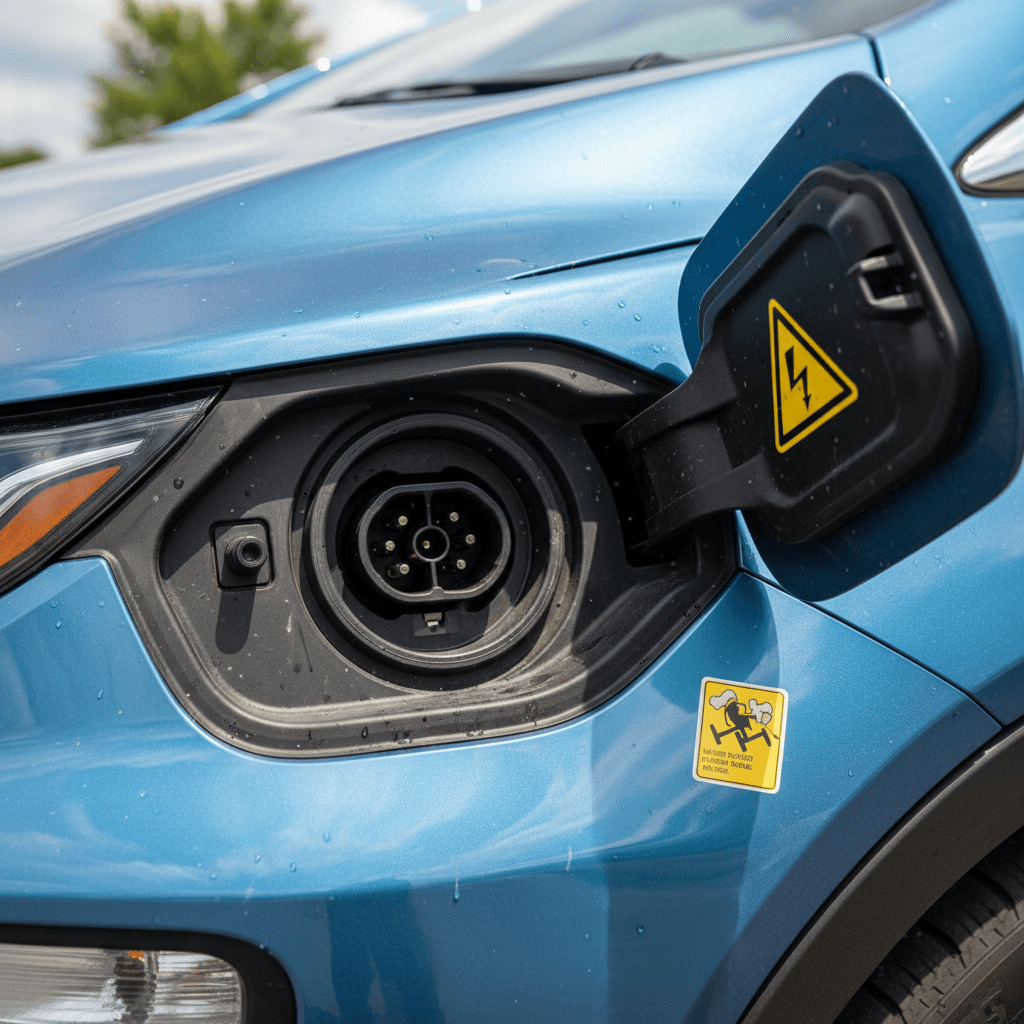 Close-up of a Chevy Bolt EV charging port with high-voltage warning labels visible