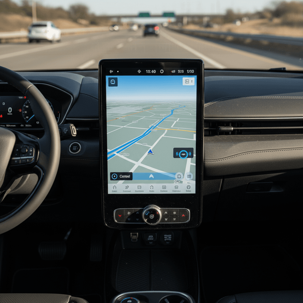 Interior view from the driver’s seat of a Ford Mustang Mach-E cruising on the highway with navigation and driver-assist active