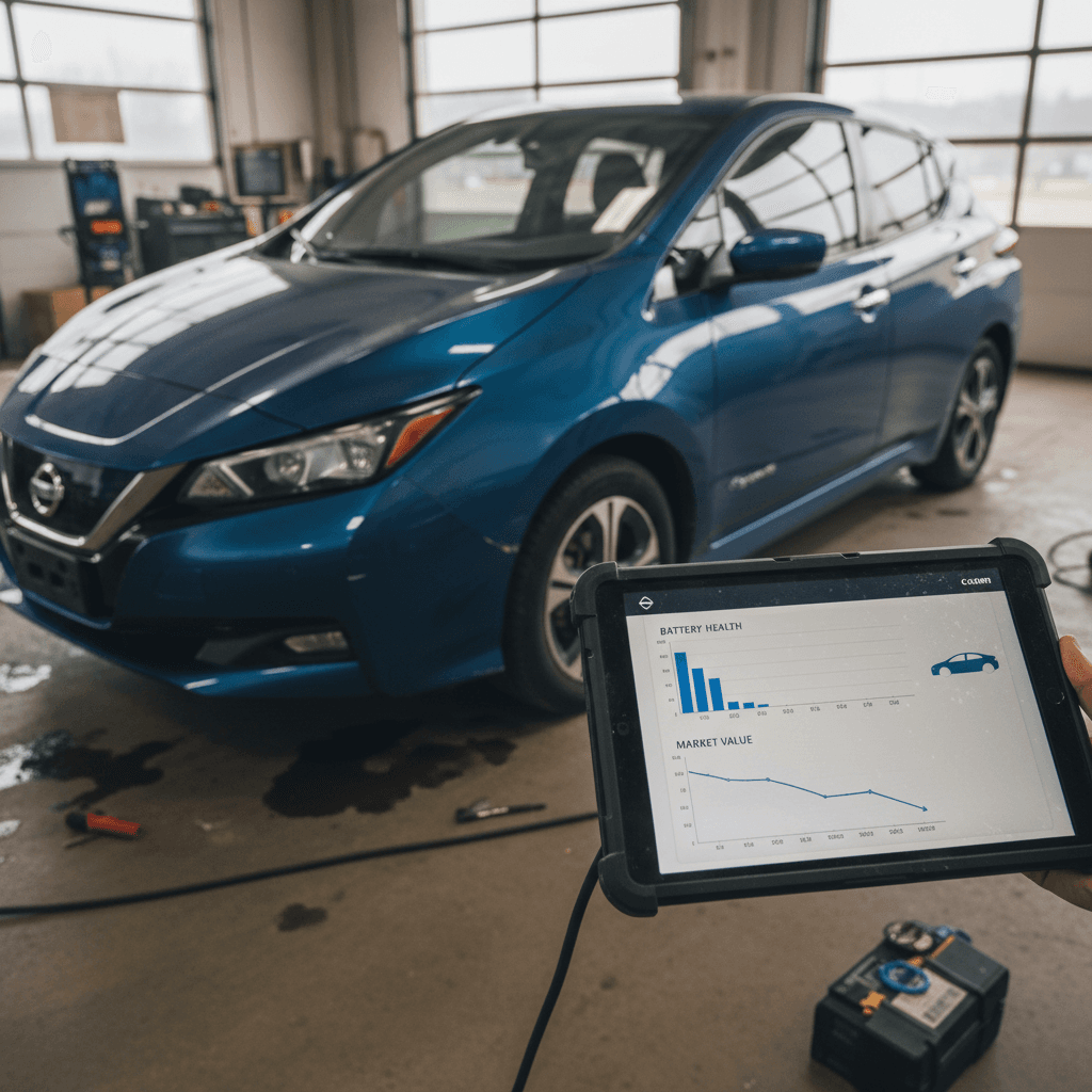 Technician using a tablet to read battery health data while inspecting a used Nissan Leaf in a bright showroom