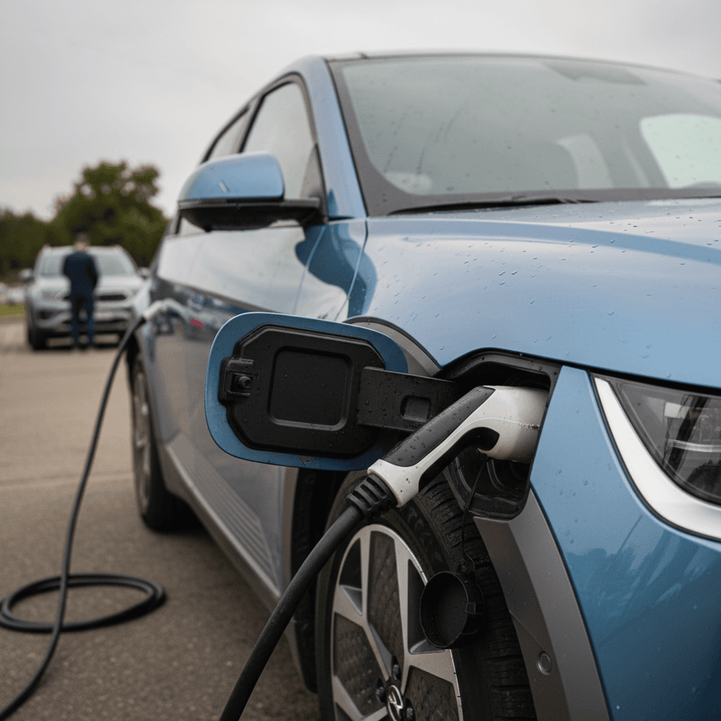 Buyer closely inspecting a used crossover SUV at a dealership lot