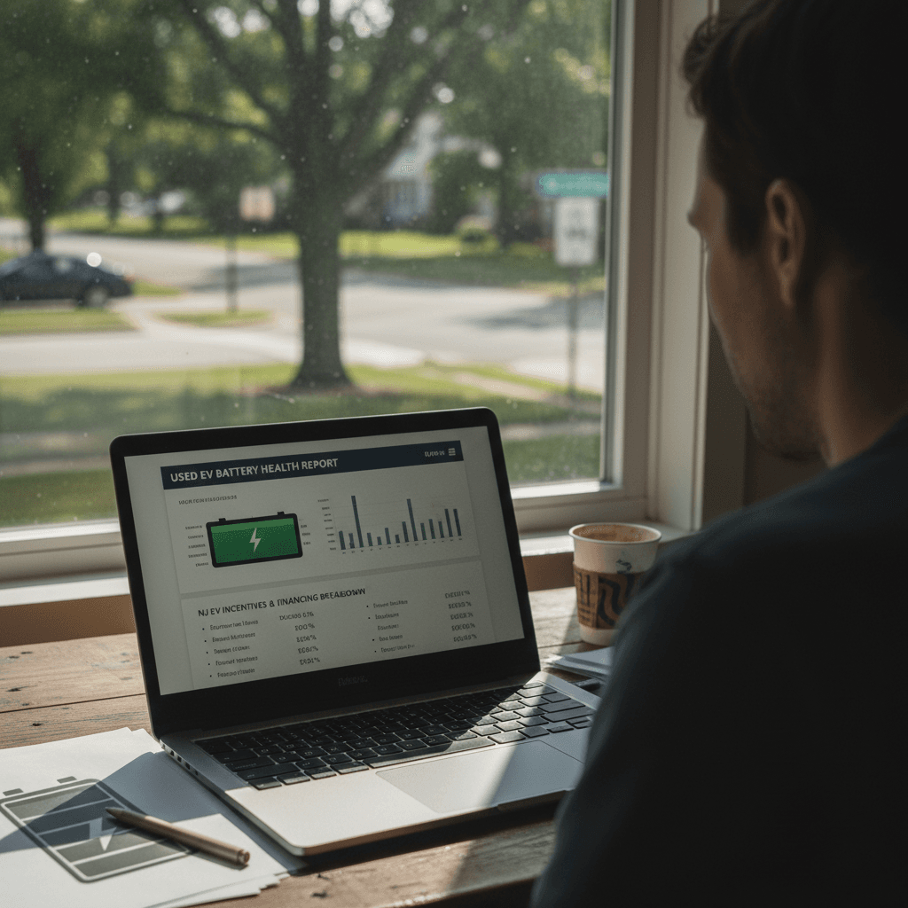 Car shopper in New Jersey reviewing a used EV’s battery health and pricing report on a laptop at home