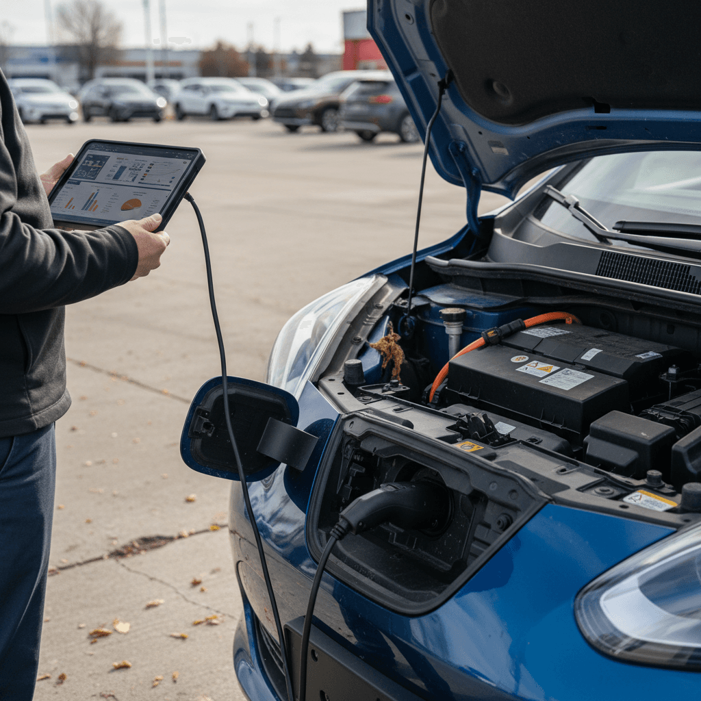 Wide view of a modern electric car interior showing touchscreen, steering wheel, and front seats