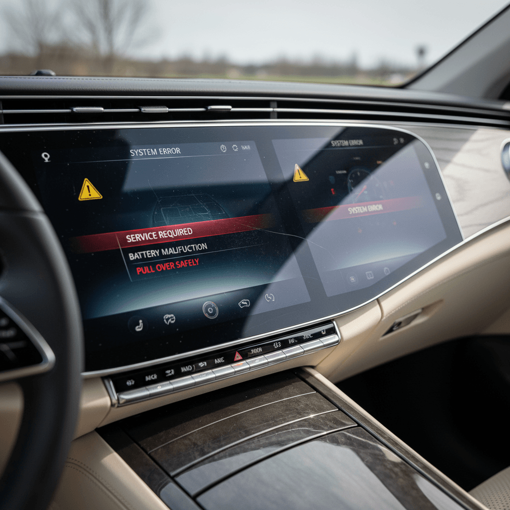 Close-up of Mercedes EQS hyperscreen infotainment with multiple warning icons visible on the display