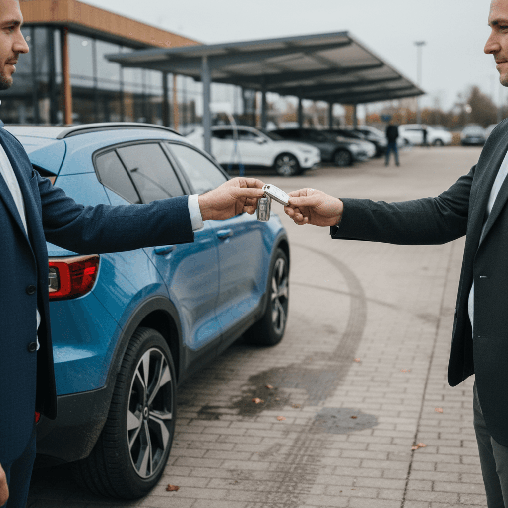 Happy seller handing keys of a Volvo C40 Recharge to a buyer at an EV-focused dealership
