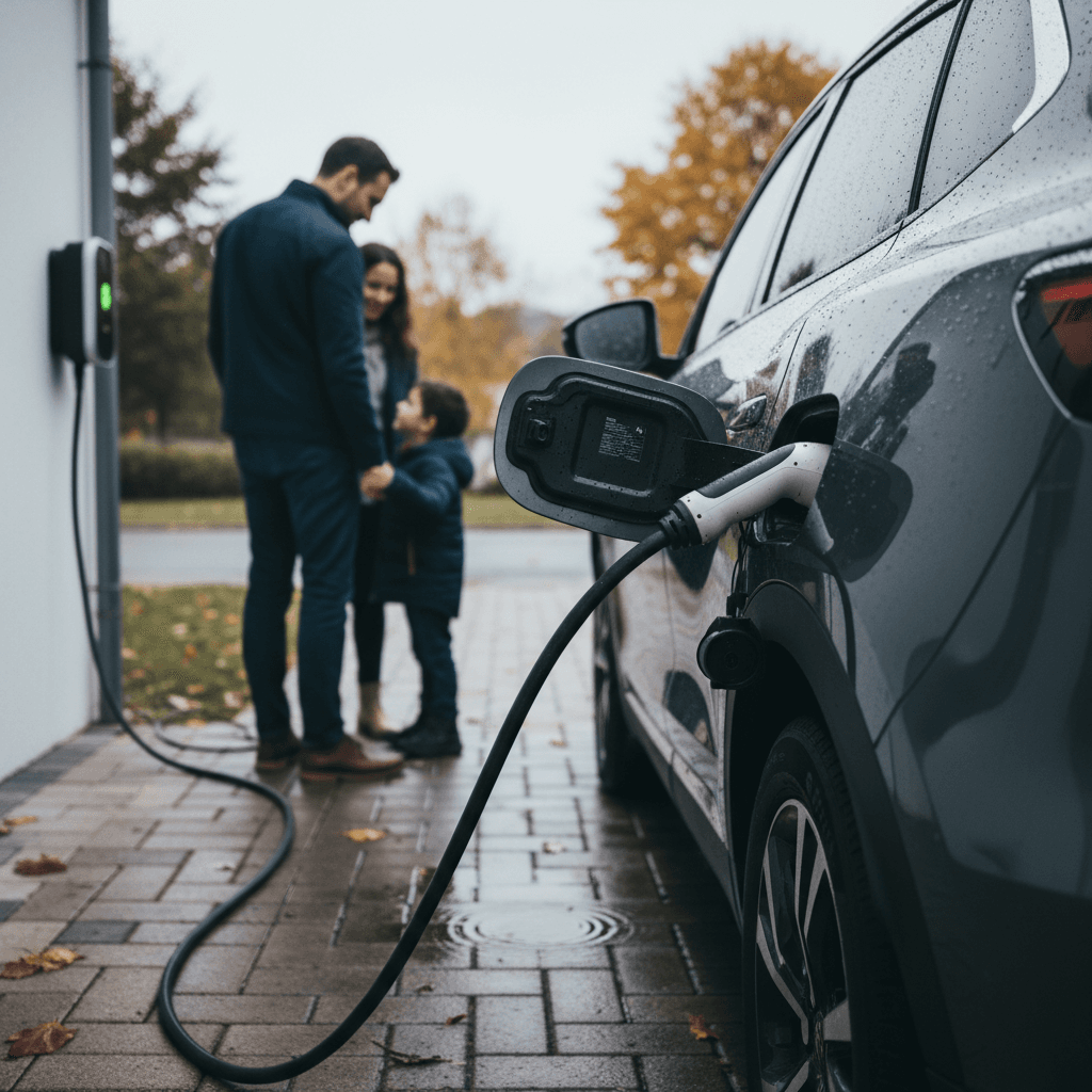 Family charging an electric car in a driveway using a home charger