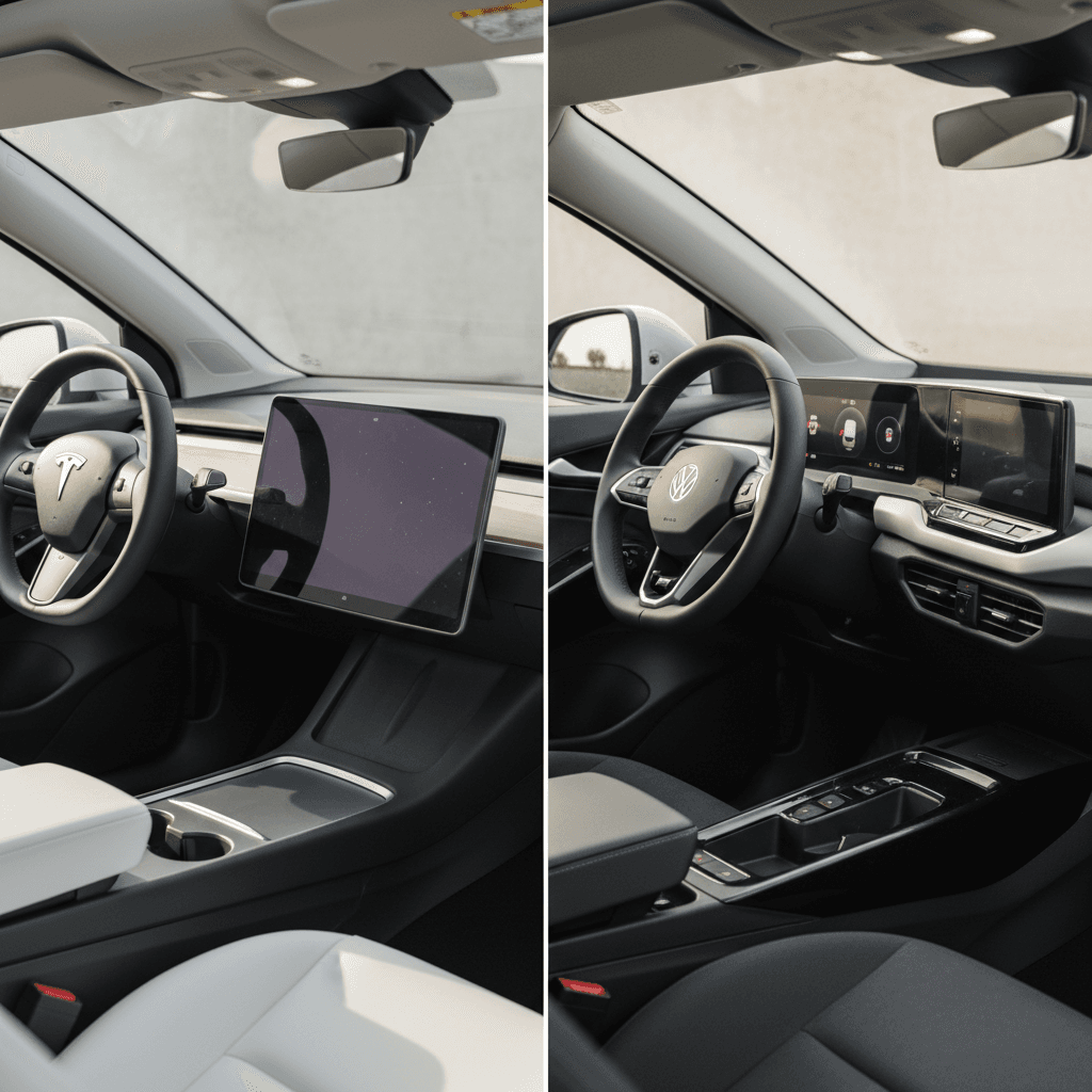 Side-by-side interiors of a Tesla Model Y with minimalist dashboard and a Volkswagen ID.4 with more traditional controls and physical buttons