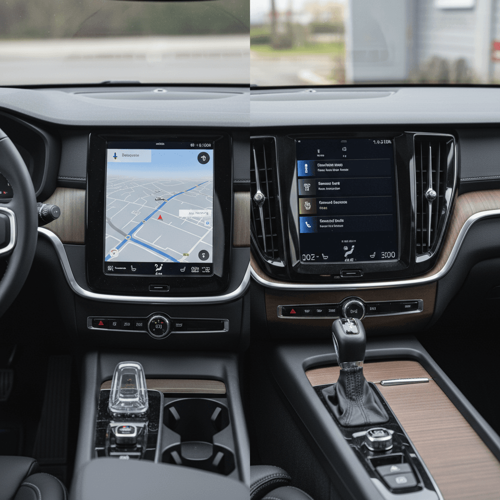 Side-by-side dashboards of a Polestar 2 and Volvo S60 showing their different infotainment layouts and minimalist Scandinavian interiors.