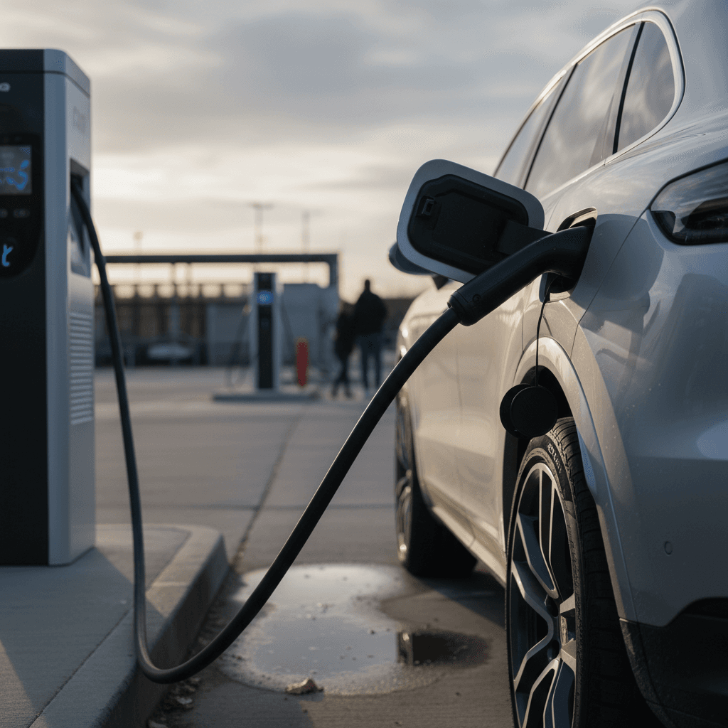 2026 Porsche Cayenne Electric SUV plugged into a high-speed DC charger using a NACS connector