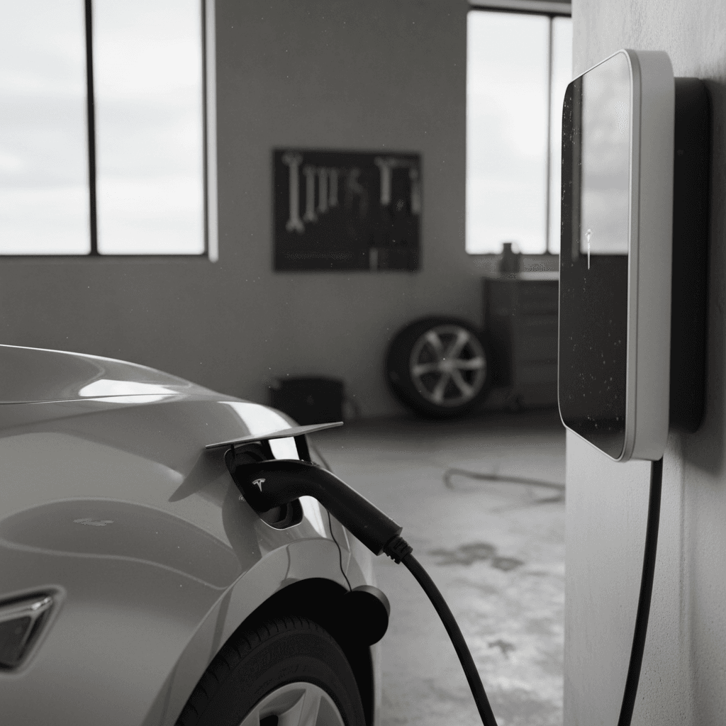 2022 Tesla Model S plugged into a home wallbox charger in a clean modern garage