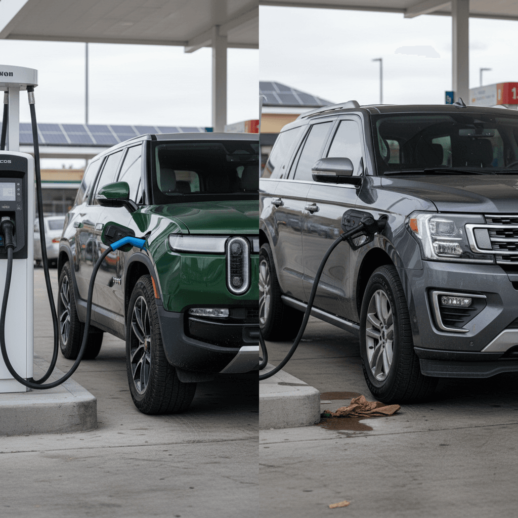 Rivian R1S charging next to a traditional gas SUV at a combined fuel and charging station
