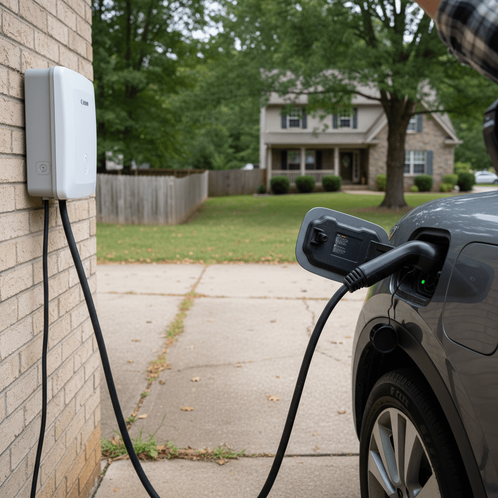 Driver in West Virginia plugging an electric car into a home level 2 charger in a driveway