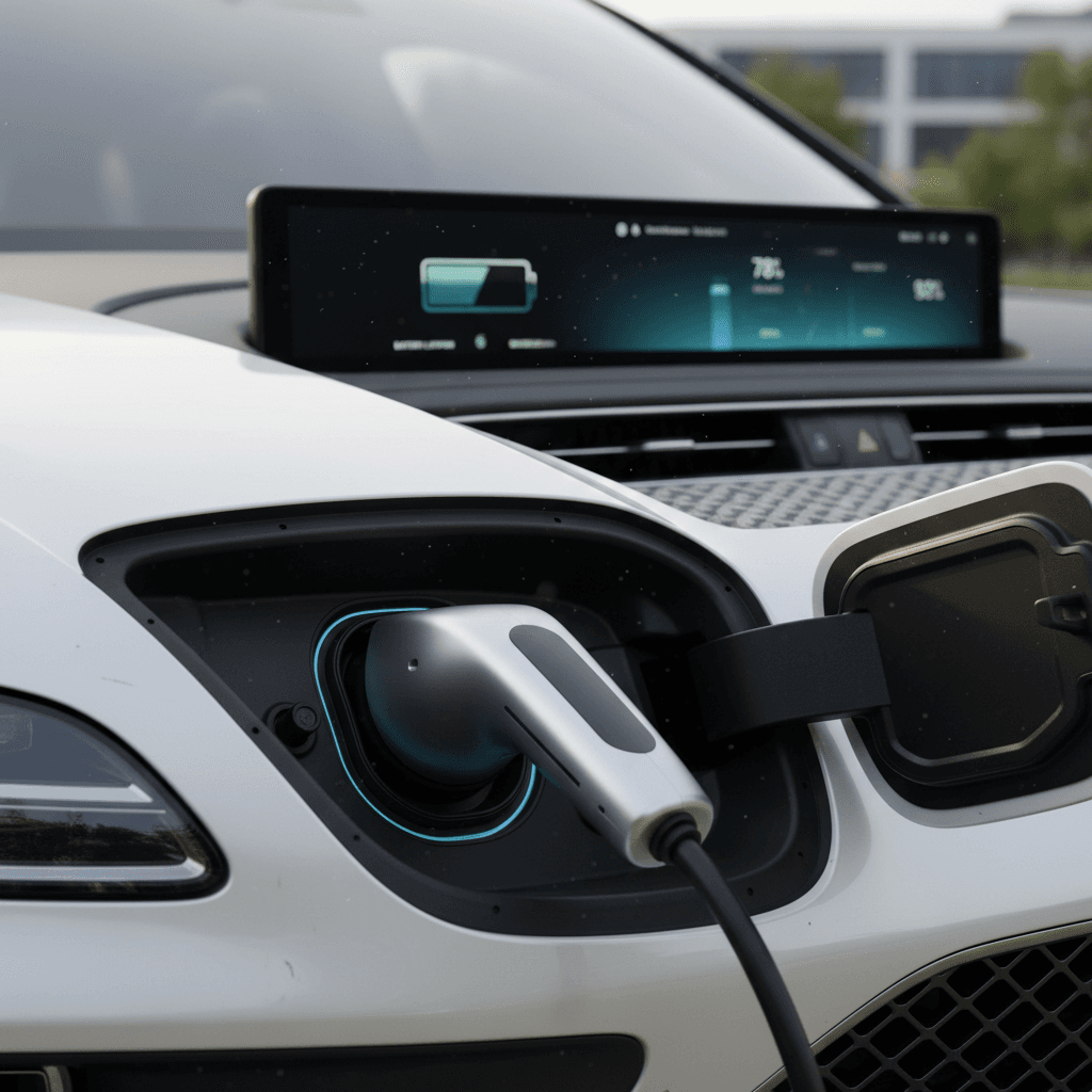 Digital dashboard of a Genesis GV60 showing state of charge and estimated range while plugged in