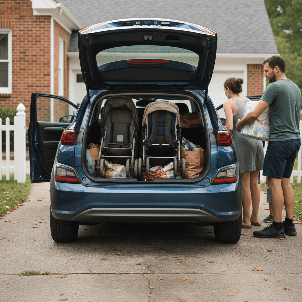 Suburban family loading groceries, sports gear, and a stroller into the cargo area of a used electric SUV parked in a driveway