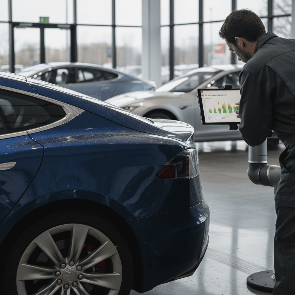 Technician reviewing battery health diagnostics on a used Tesla Model S inside a bright showroom