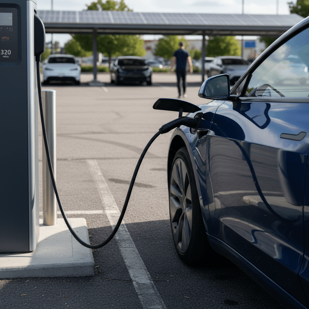 Tesla Model 3 charging while center screen displays remaining range and energy graph