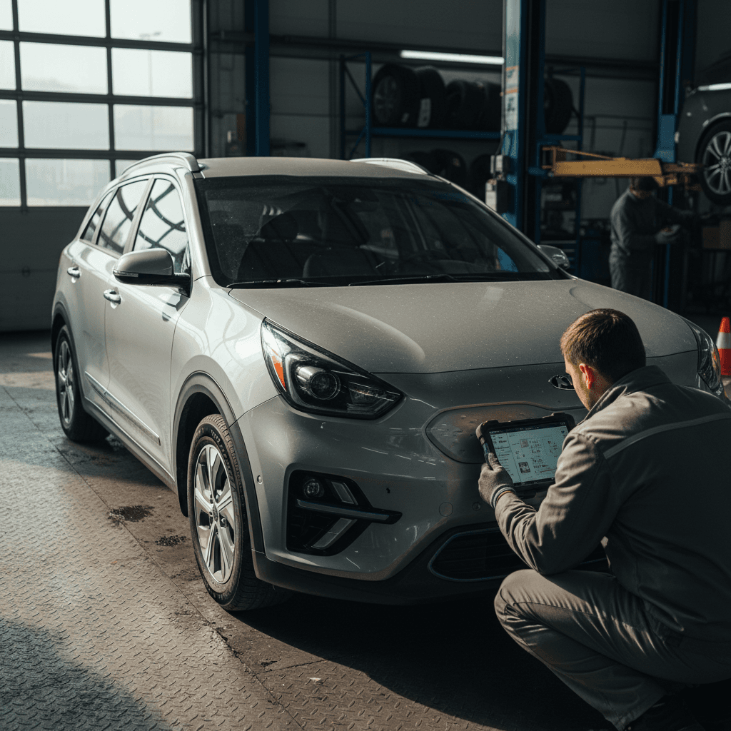 Specialist inspecting a 2024 Kia Niro EV in a service bay to determine trade-in value based on condition and battery health