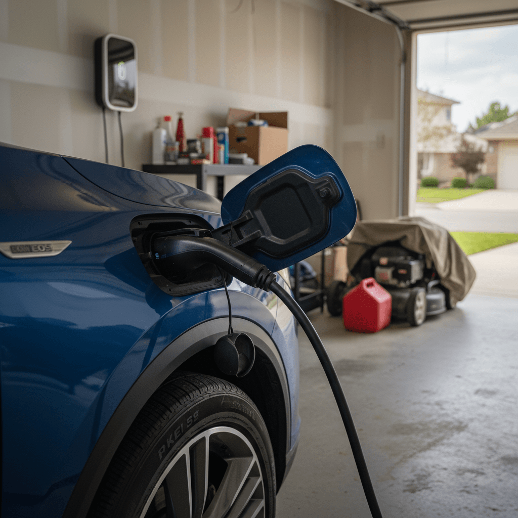 Acura ZDX plugged into a home Level 2 charger in a modern garage, illustrating lower electricity costs compared with gasoline for an Acura RDX.