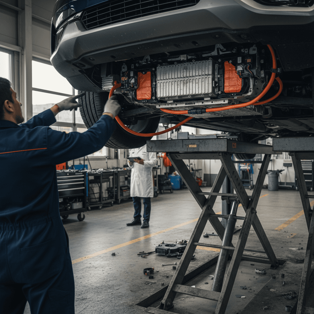 Technician inspecting a Kia EV9 on a lift, focusing on high-voltage components and underbody hardware