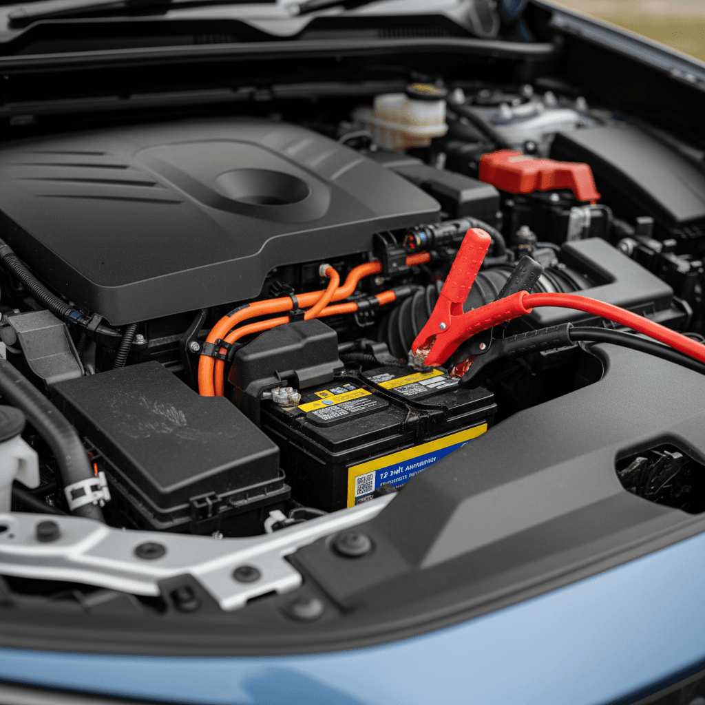 Close-up view of the Toyota bZ4X 12-volt auxiliary battery in the engine bay with jumper cables attached