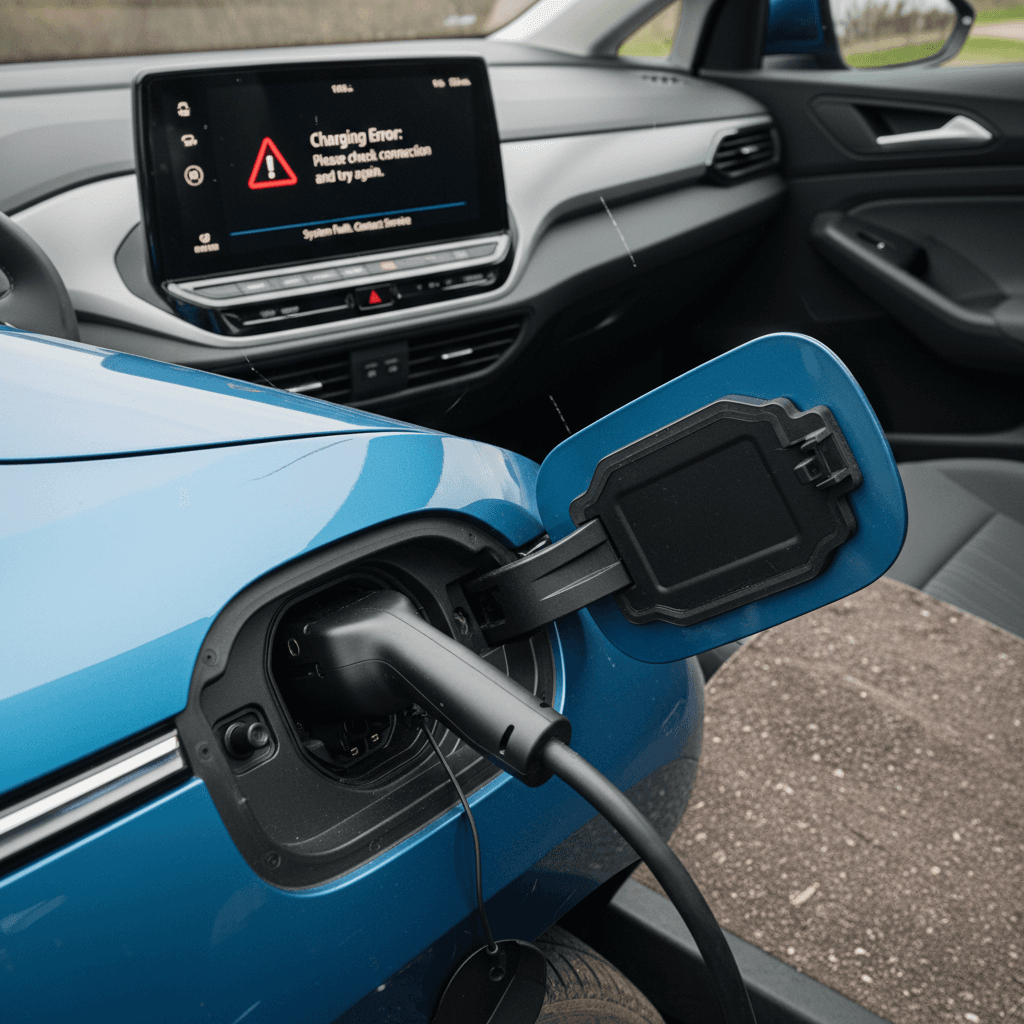 Volkswagen ID.4 charging port and infotainment screen showing an error during a charging session