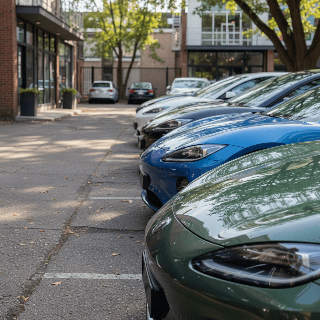Lineup of modern electric vehicles in white, black, gray, blue, and green parked in a row, highlighting paint color differences