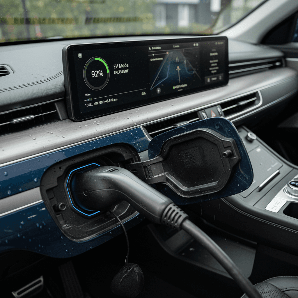 A Genesis Electrified GV70 plugged in and charging while being washed and detailed before a private sale