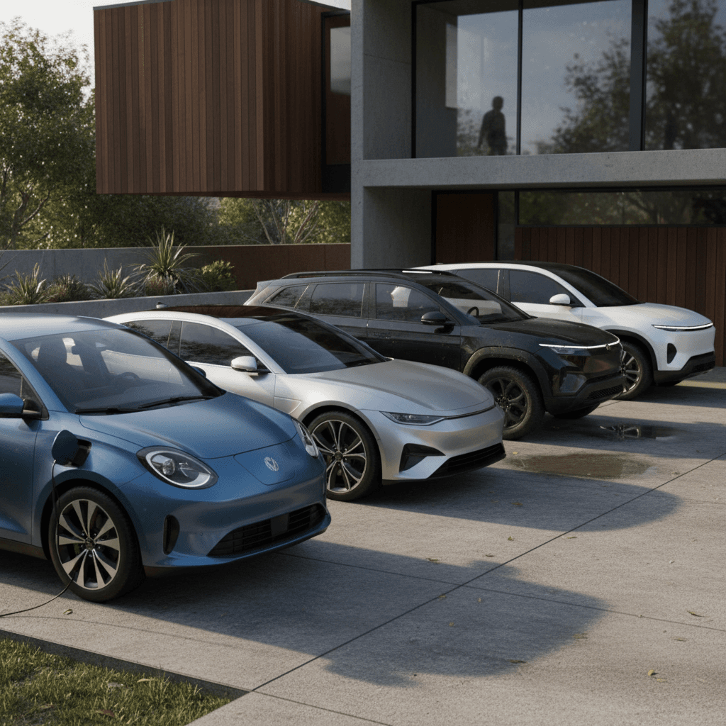 Hyundai Ioniq 5 electric crossover parked in a driveway, charging from a home wallbox