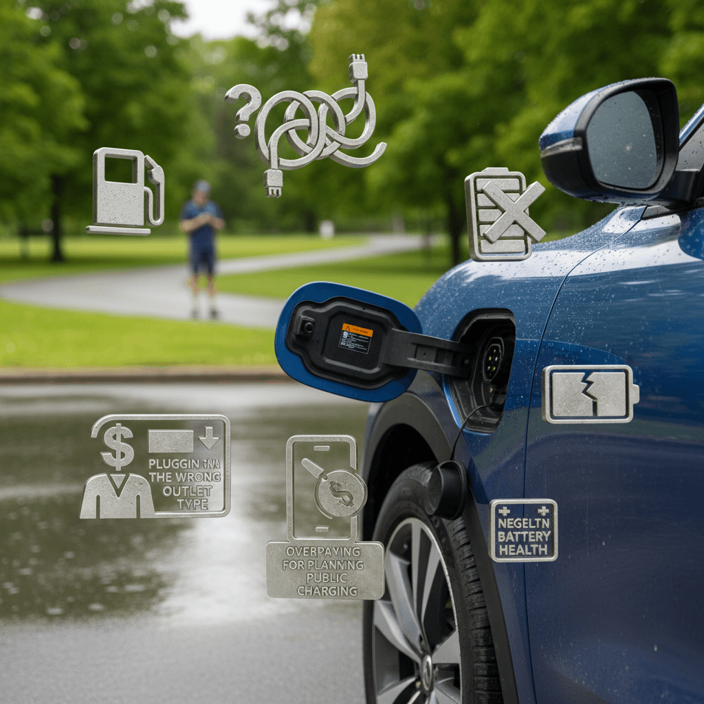 Illustration showing an electric car surrounded by icons for charging, range, battery health, and costs
