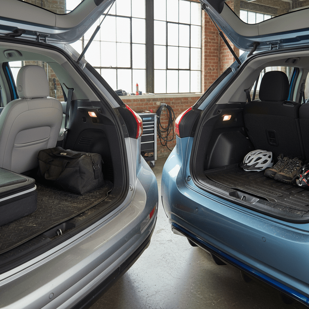 Interior and cargo layout comparison between a Chevrolet Bolt EV and Nissan Leaf, showing front seats and rear hatch area