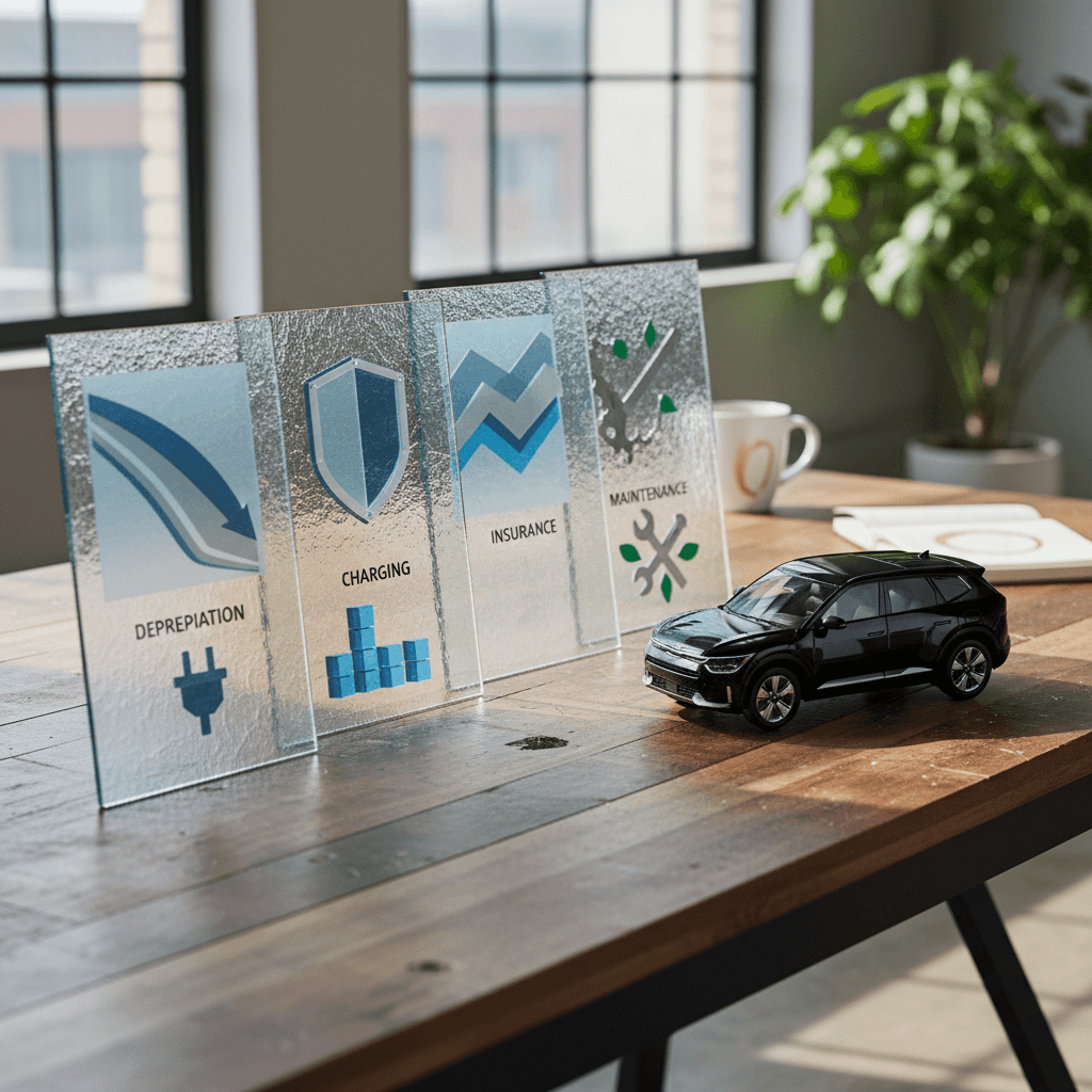 Infographic style chart showing how depreciation, charging, insurance, and maintenance contribute to a Kia EV9’s 5-year ownership cost