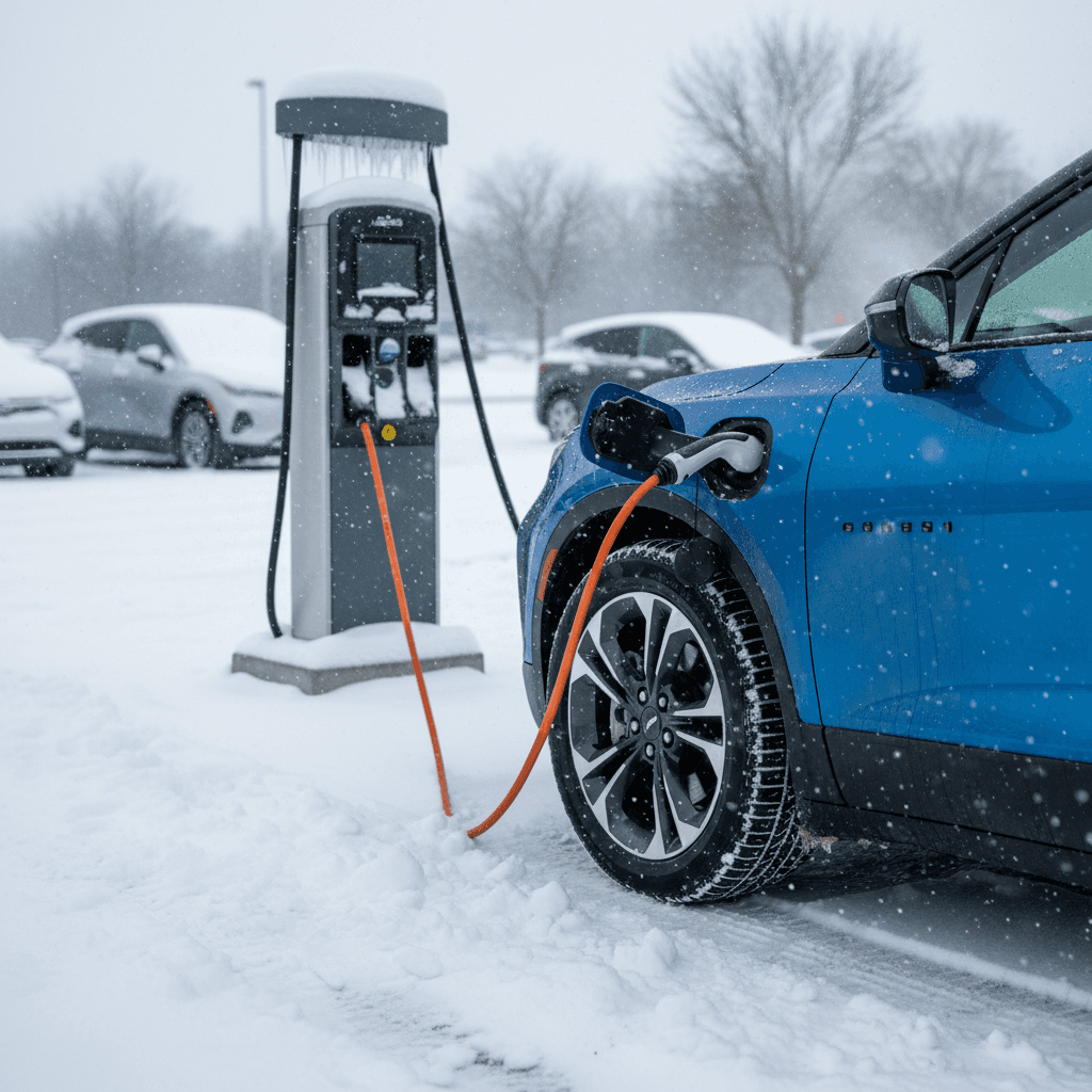 Chevy Blazer EV connected to a DC fast charger in a snowy parking lot