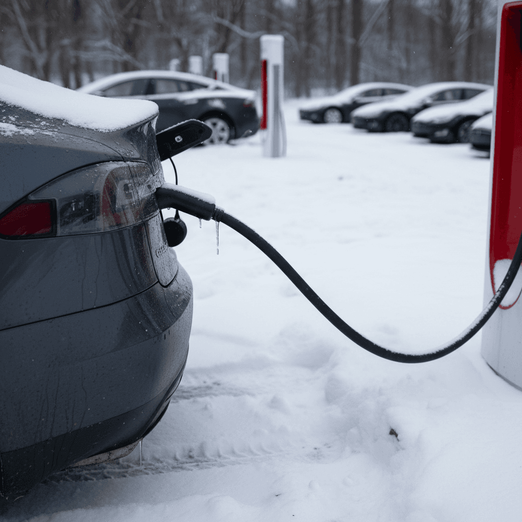 Tesla Model S charging at a snowy Supercharger station, illustrating winter EV charging conditions