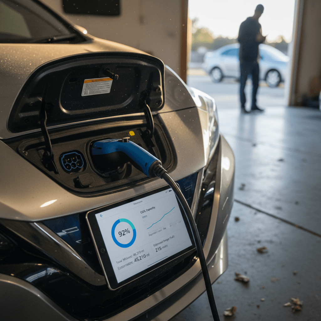 EV specialist reviewing a 2021 Nissan Leaf battery health and range report on a tablet next to the vehicle at a dealership