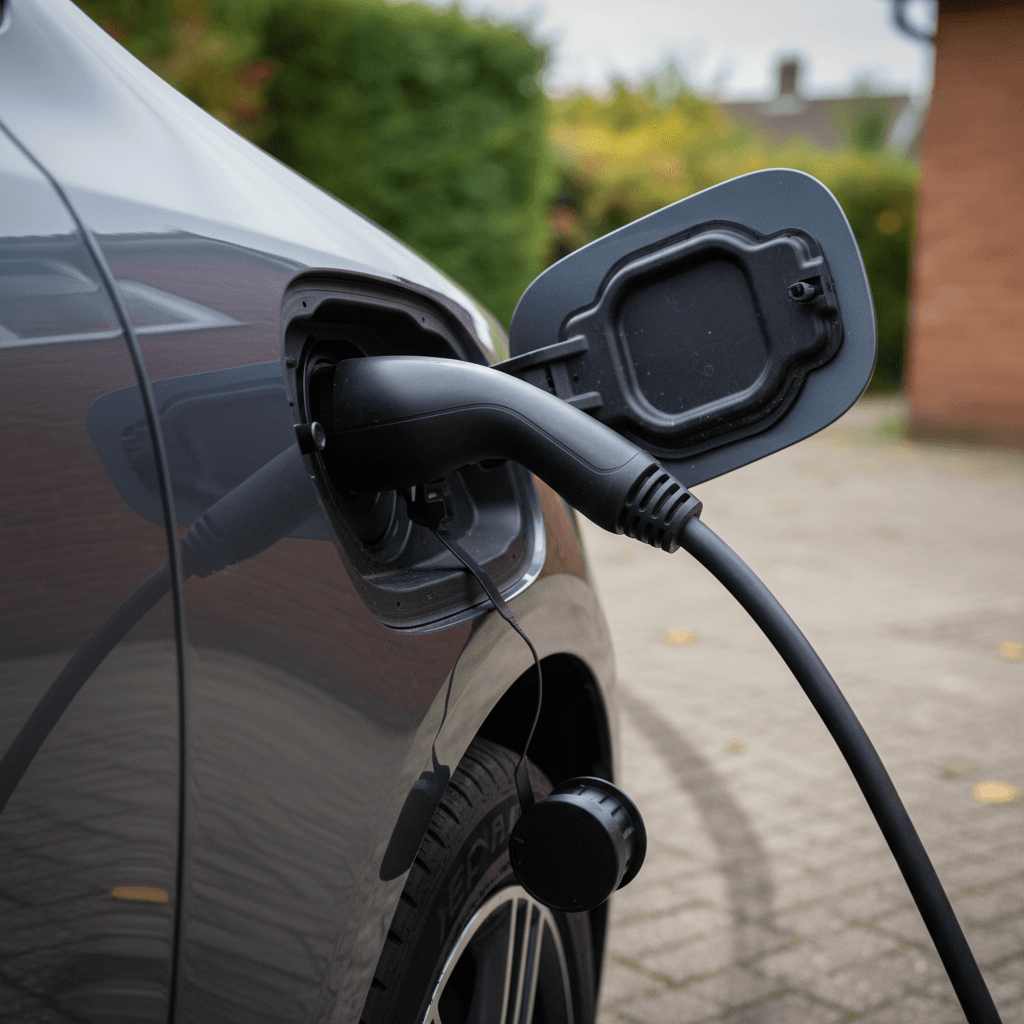 Mercedes EQB charging in a residential driveway, connected to a home charger