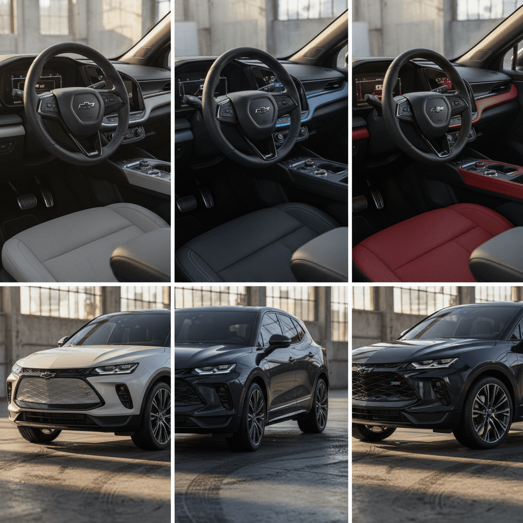 Detail shots of Chevy Blazer EV LT, RS, and SS highlighting different wheels, lighting, and interior trim materials